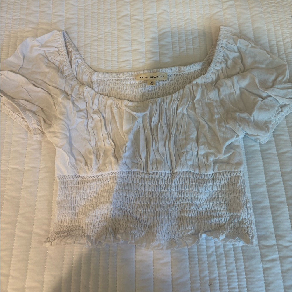 La Hearts White Smocked Ruched Blouse